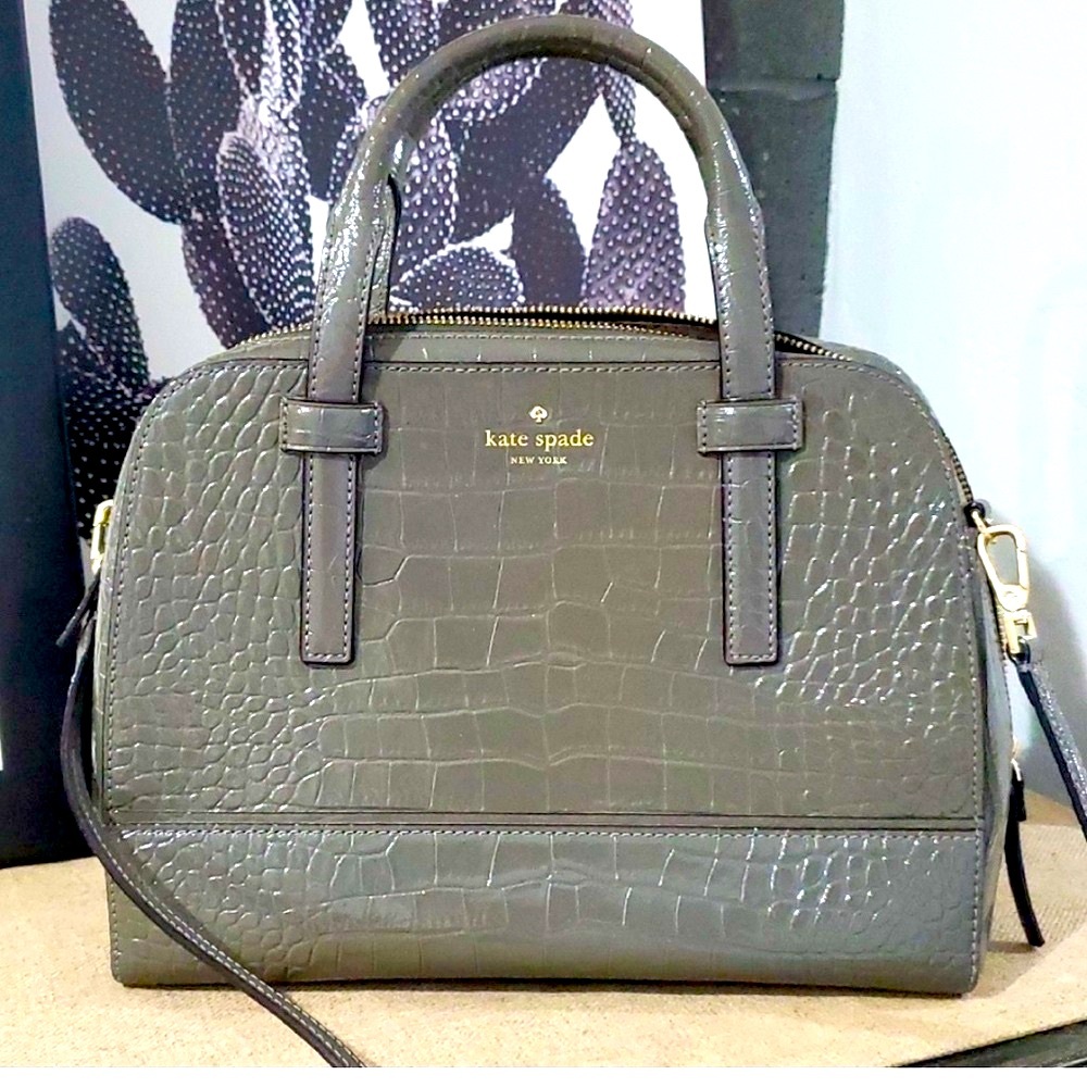 Kate Spade Gray Croc-Embossed Satchel with Gold Hardware  NWOT